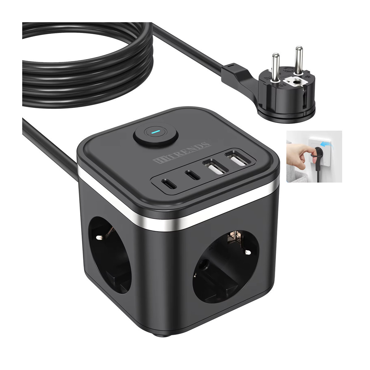 HITRENDS EU-Steckdosenleiste in Schwarz mit 3 AC-Steckdosen, 2 USB-C Schnelllade-Anschlüssen und 2 m Kabel - Bild 2