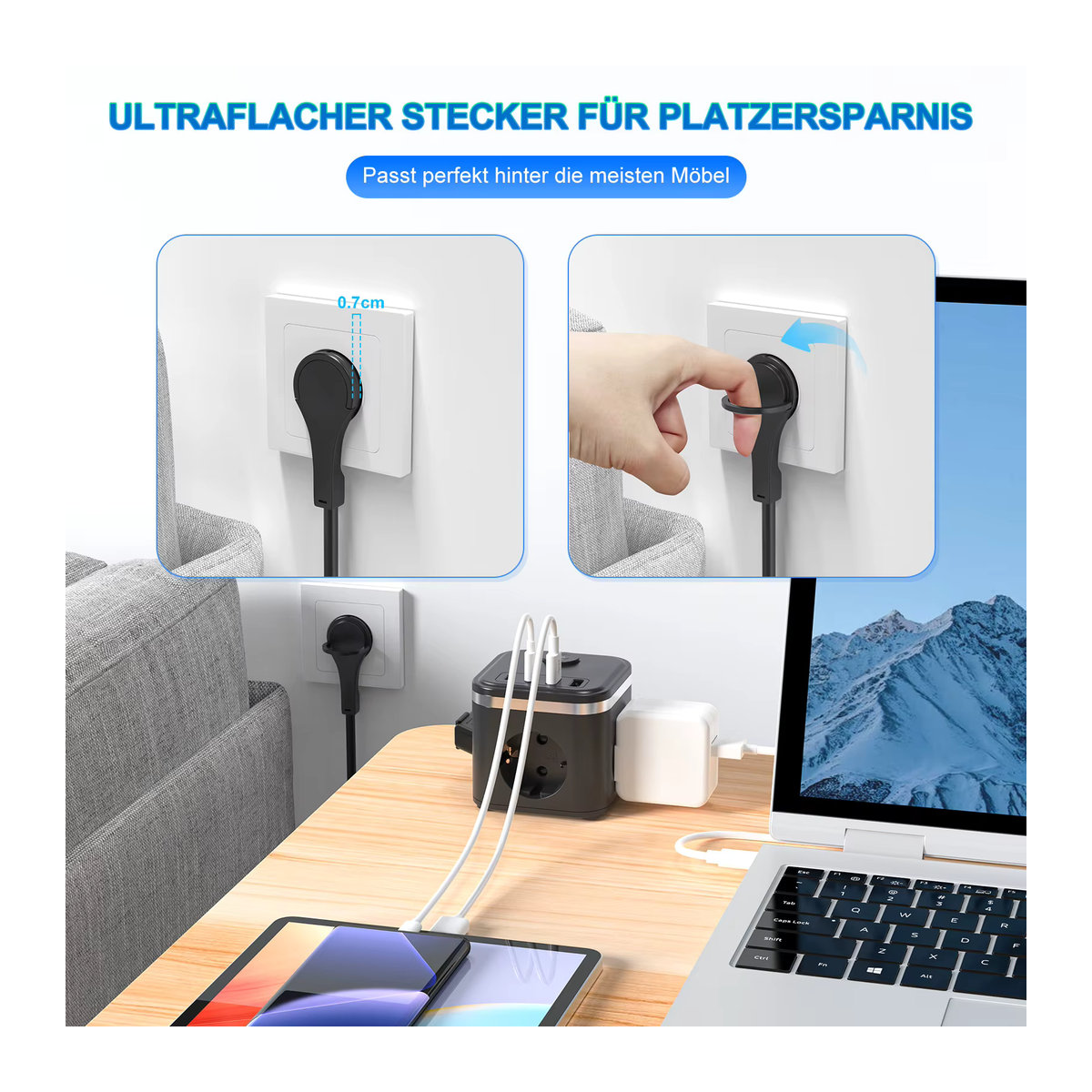 HITRENDS EU-Steckdosenleiste in Schwarz mit 3 AC-Steckdosen, 2 USB-C Schnelllade-Anschlüssen und 2 m Kabel - Bild 3