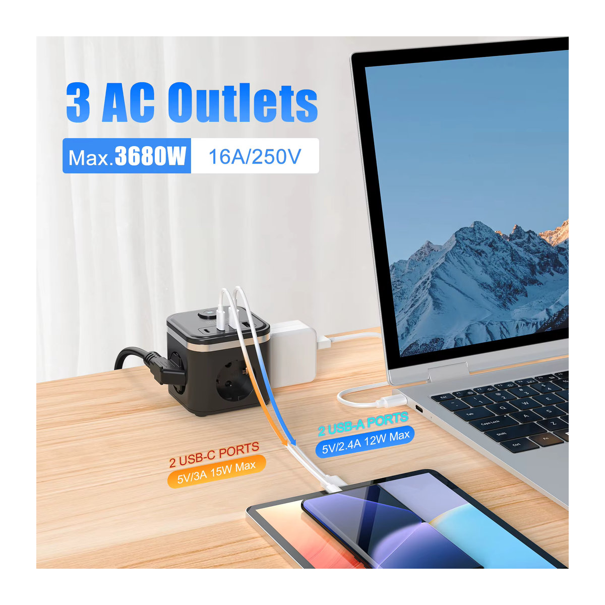 HITRENDS EU-Steckdosenleiste in Schwarz mit 3 AC-Steckdosen, 2 USB-C Schnelllade-Anschlüssen und 2 m Kabel - Bild 4