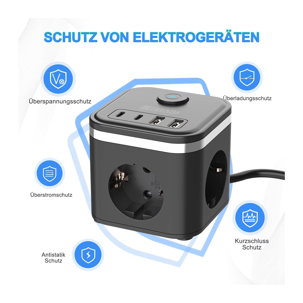 HITRENDS EU-Steckdosenleiste in Schwarz mit 3 AC-Steckdosen, 2 USB-C Schnelllade-Anschlüssen und 2 m Kabel - Bild 6