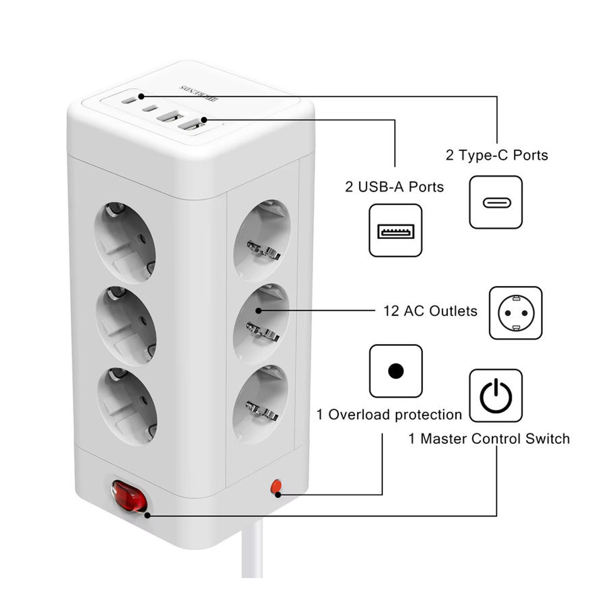 HITRENDS Multifunktionale Stromversorgungsplatine mit 8 oder 12 Steckdosen, 2 USB-A und 2 USB-C Schnellladeanschlüssen in Weiß - Bild 2
