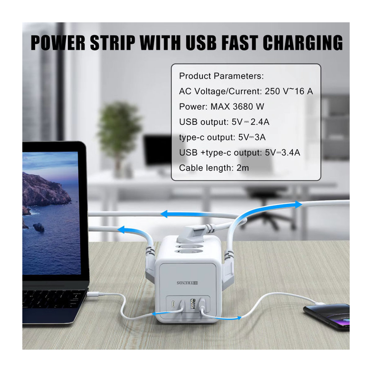 HITRENDS Multifunktionale Stromversorgungsplatine mit 8 oder 12 Steckdosen, 2 USB-A und 2 USB-C Schnellladeanschlüssen in Weiß - Bild 3