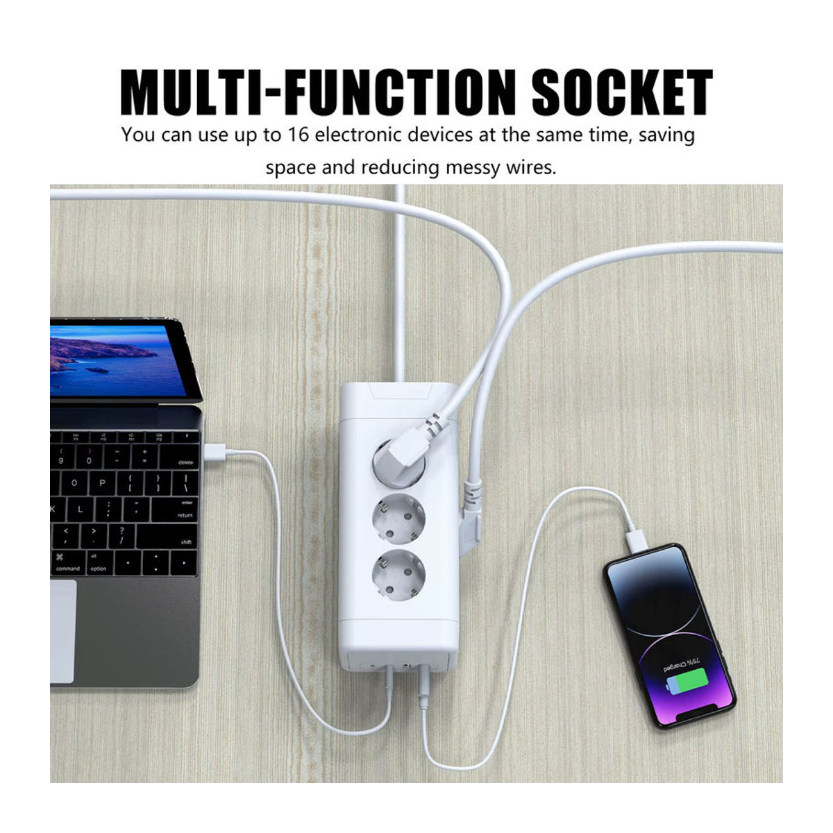 HITRENDS Multifunktionale Stromversorgungsplatine mit 8 oder 12 Steckdosen, 2 USB-A und 2 USB-C Schnellladeanschlüssen in Weiß - Bild 4