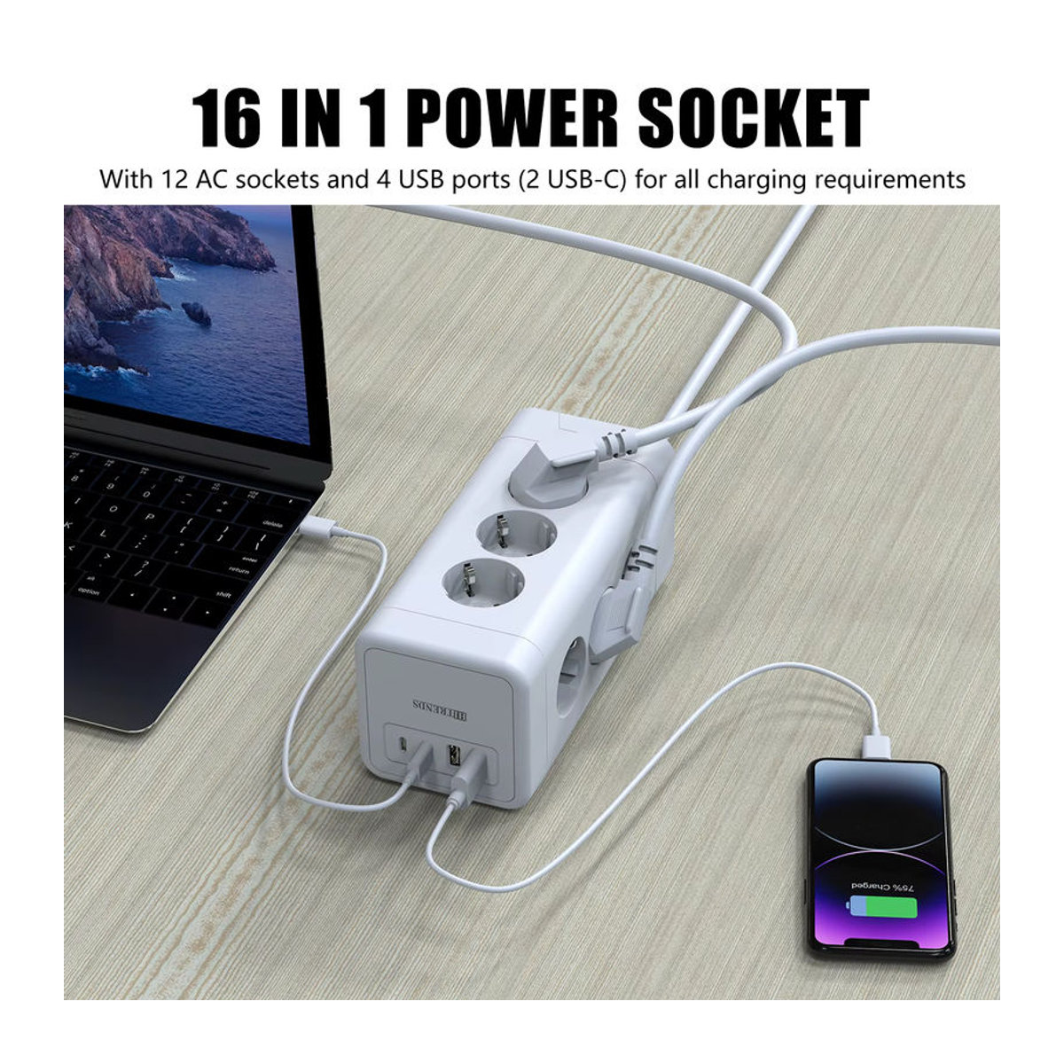 HITRENDS Multifunktionale Stromversorgungsplatine mit 8 oder 12 Steckdosen, 2 USB-A und 2 USB-C Schnellladeanschlüssen in Weiß - Bild 5