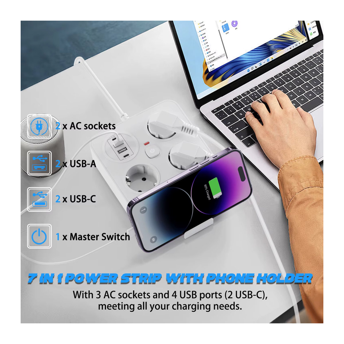 HITRENDS Steckdosenleiste mit 3 AC-Steckplätzen, 2 USB-A und 2 USB-C Anschlüssen, Überspannungsschutz, Weiß, Minimalistisches Design - Bild 2