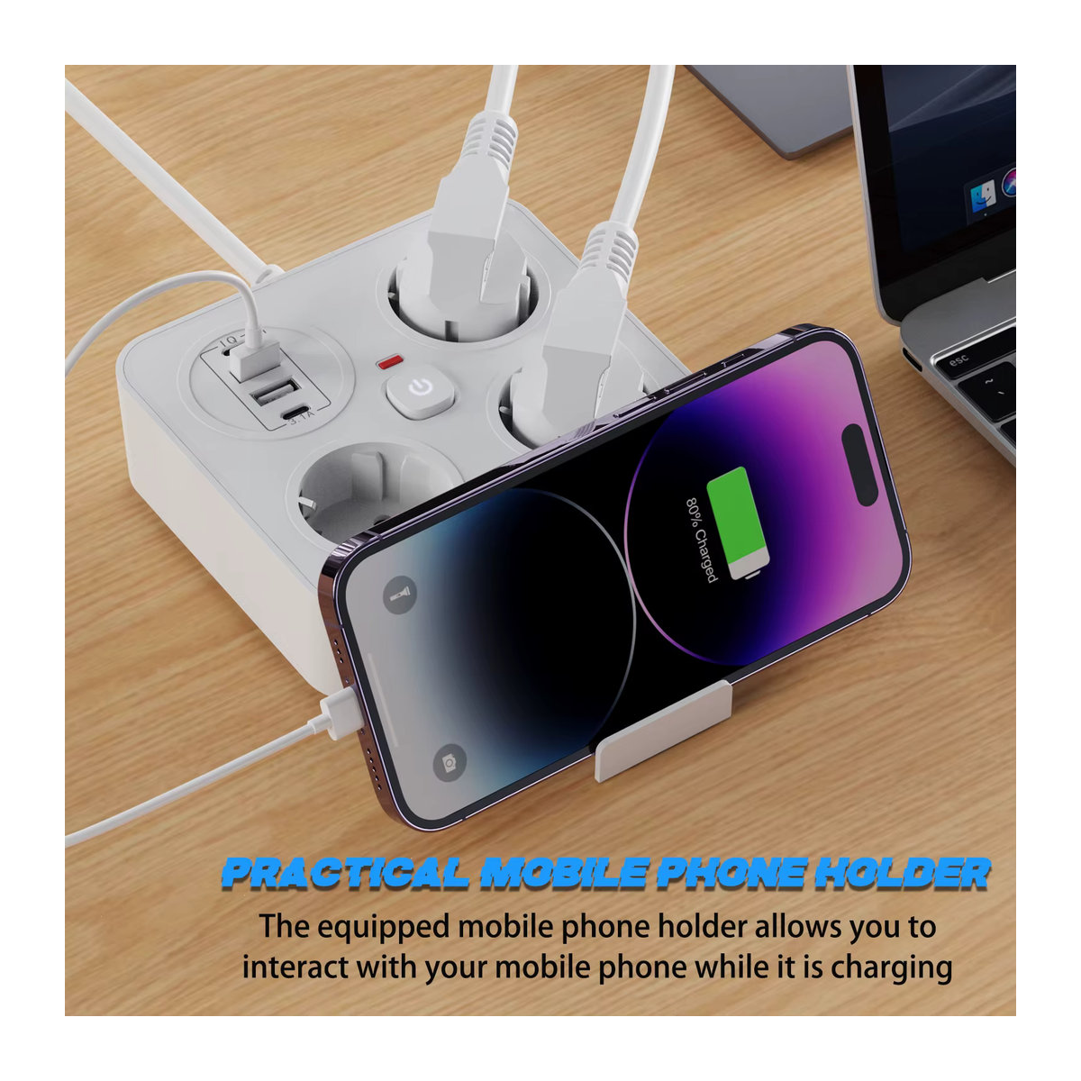 HITRENDS Steckdosenleiste mit 3 AC-Steckplätzen, 2 USB-A und 2 USB-C Anschlüssen, Überspannungsschutz, Weiß, Minimalistisches Design - Bild 4