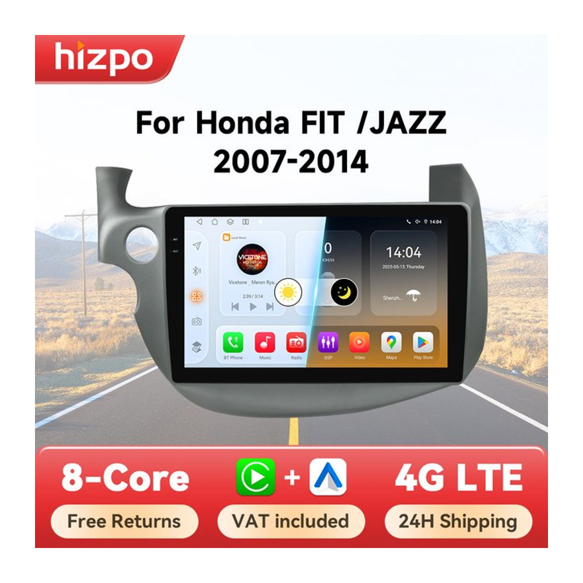 Hizpo Android 14 Autoradio Multimedia Navigationsgerät mit GPS, Bluetooth und 360 Kamera für Honda Fit Jazz 2007 - 2013, Schwarz, 2 Din - Bild 1
