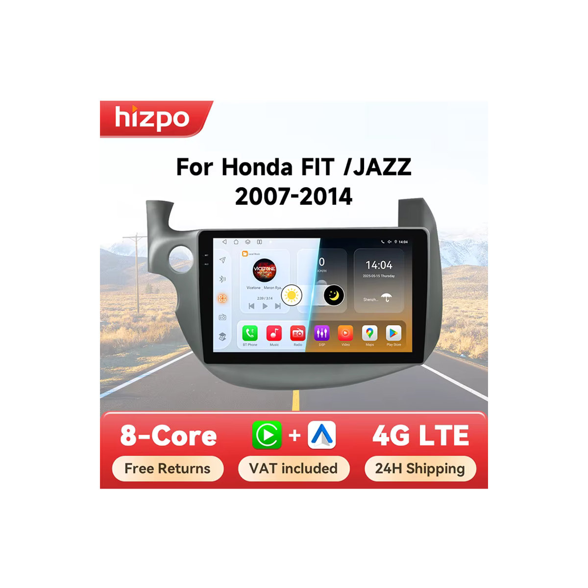 Hizpo Android 14 Autoradio Multimedia Navigationsgerät mit GPS, Bluetooth und 360 Kamera für Honda Fit Jazz 2007 - 2013, Schwarz, 2 Din - Bild 7