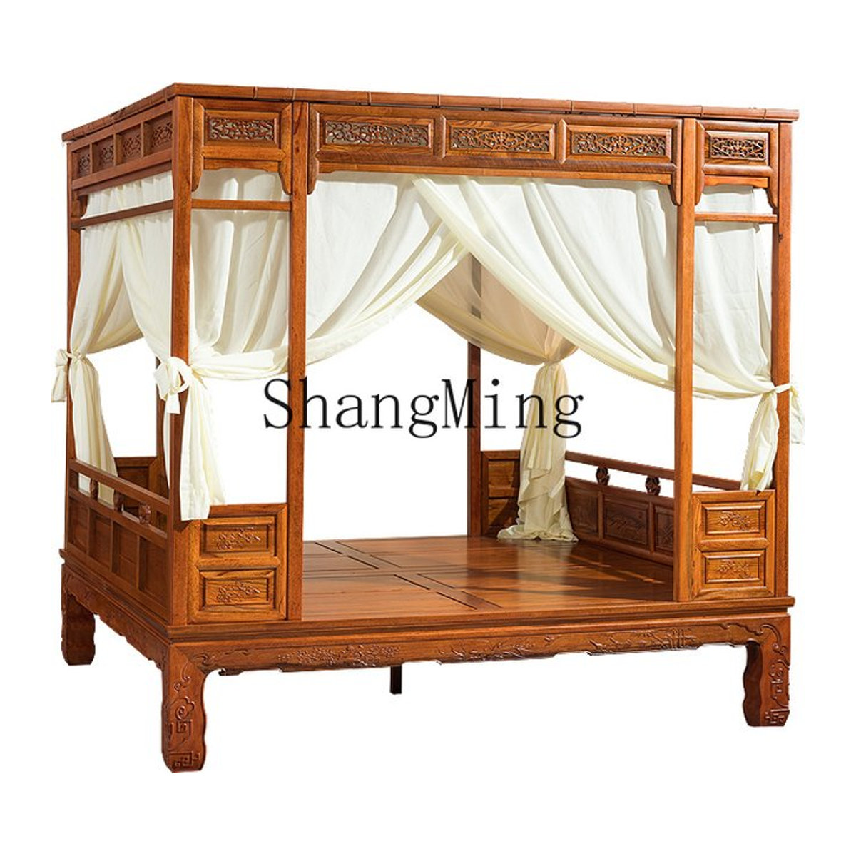 HJ Antikes Massivholz Doppelbett im klassischen chinesischen Stil mit Schnitzereien und Regalbett in Braun, B/T/H: 200 x 150 x 150 cm - Bild 1