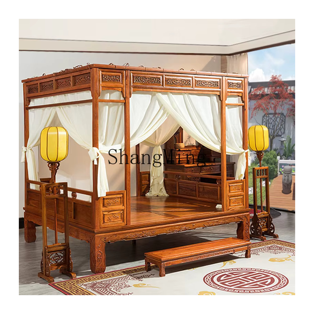 HJ Antikes Massivholz Doppelbett im klassischen chinesischen Stil mit Schnitzereien und Regalbett in Braun, B/T/H: 200 x 150 x 150 cm - Bild 3