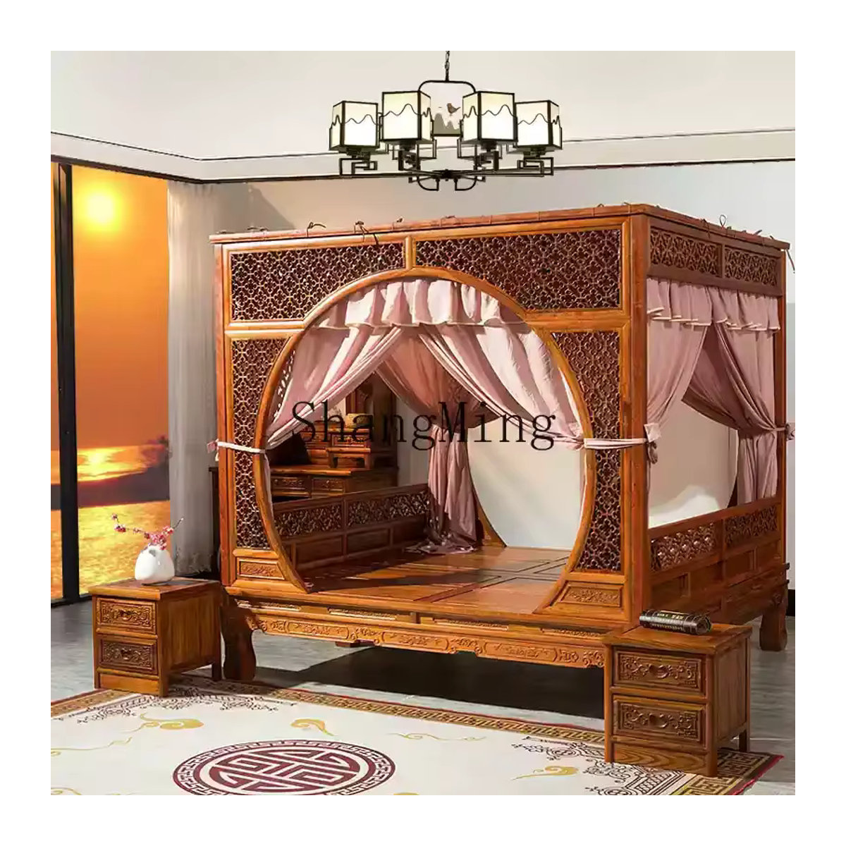 HJ Antikes Massivholz Doppelbett im klassischen chinesischen Stil mit Schnitzereien und Regalbett in Braun, B/T/H: 200 x 150 x 150 cm - Bild 6
