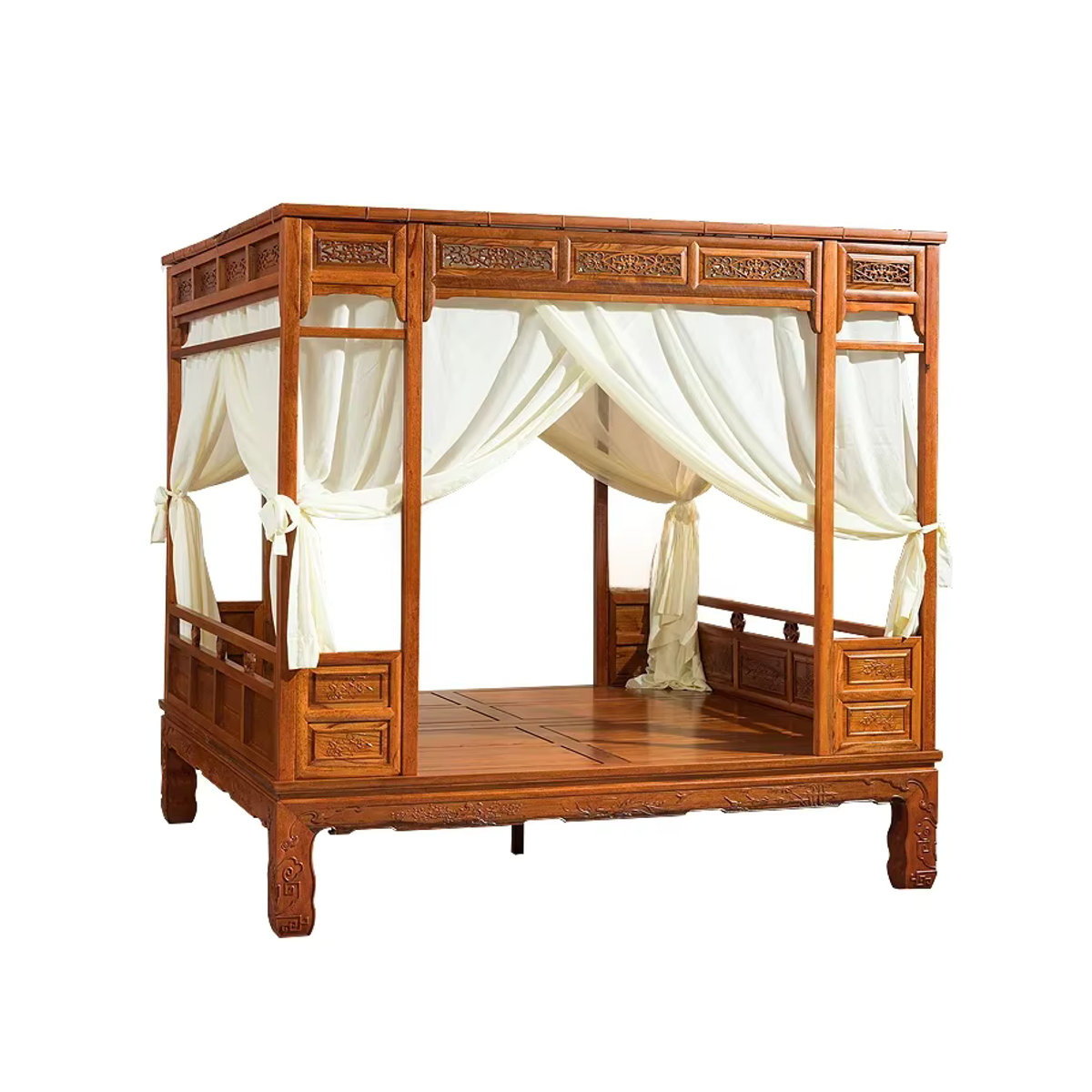 HJ Antikes Massivholz Doppelbett im klassischen chinesischen Stil mit Schnitzereien und Regalbett in Braun, B/T/H: 200 x 150 x 150 cm - Bild 7