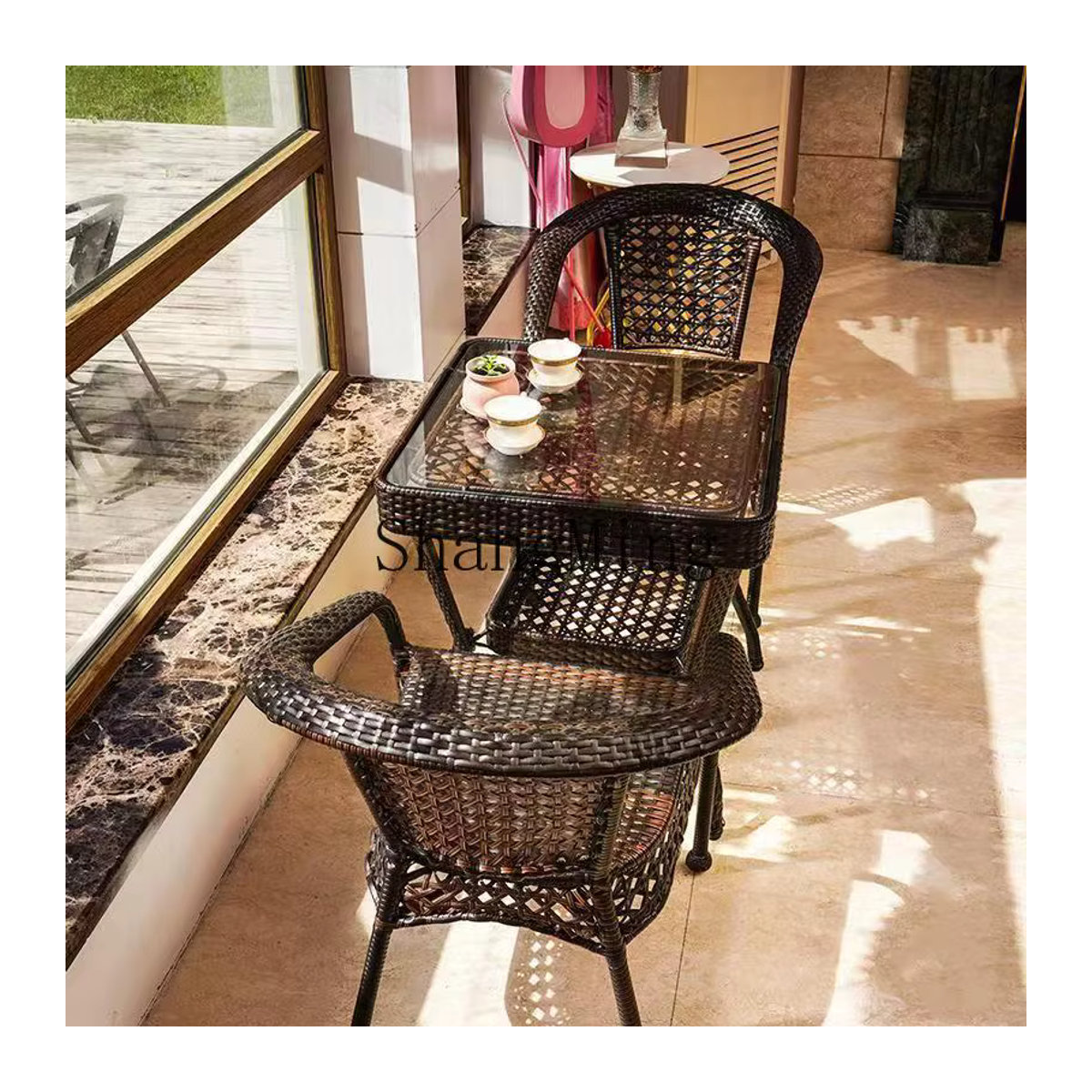 HJ Balkon-Rattanstuhl Set aus 3 Teilen in Braun mit geometrischem Design für den Garten und Outdoor-Bereich - Bild 3