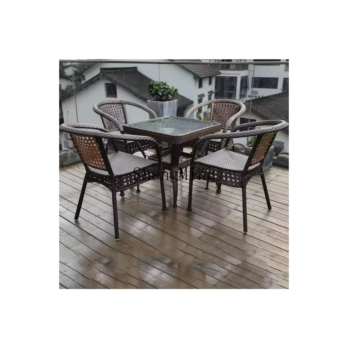 HJ Balkon-Rattanstuhl Set aus 3 Teilen in Braun mit geometrischem Design für den Garten und Outdoor-Bereich - Bild 6