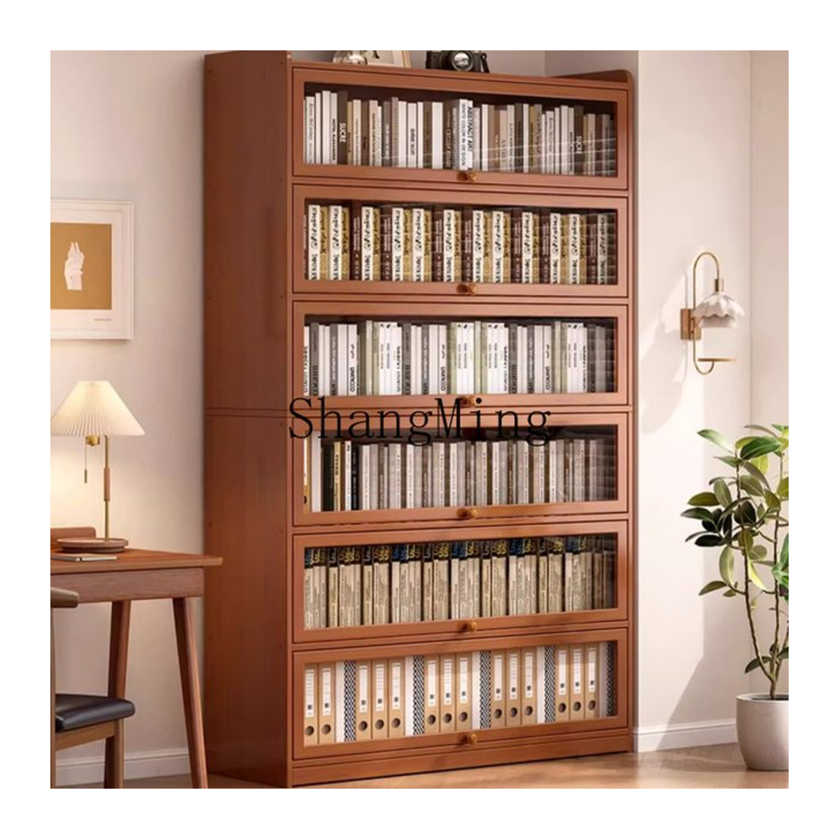 HJ modernes raumhohes Bücherregal aus Bambus in Braun mit Türen zur Wandmontage - Bild 1