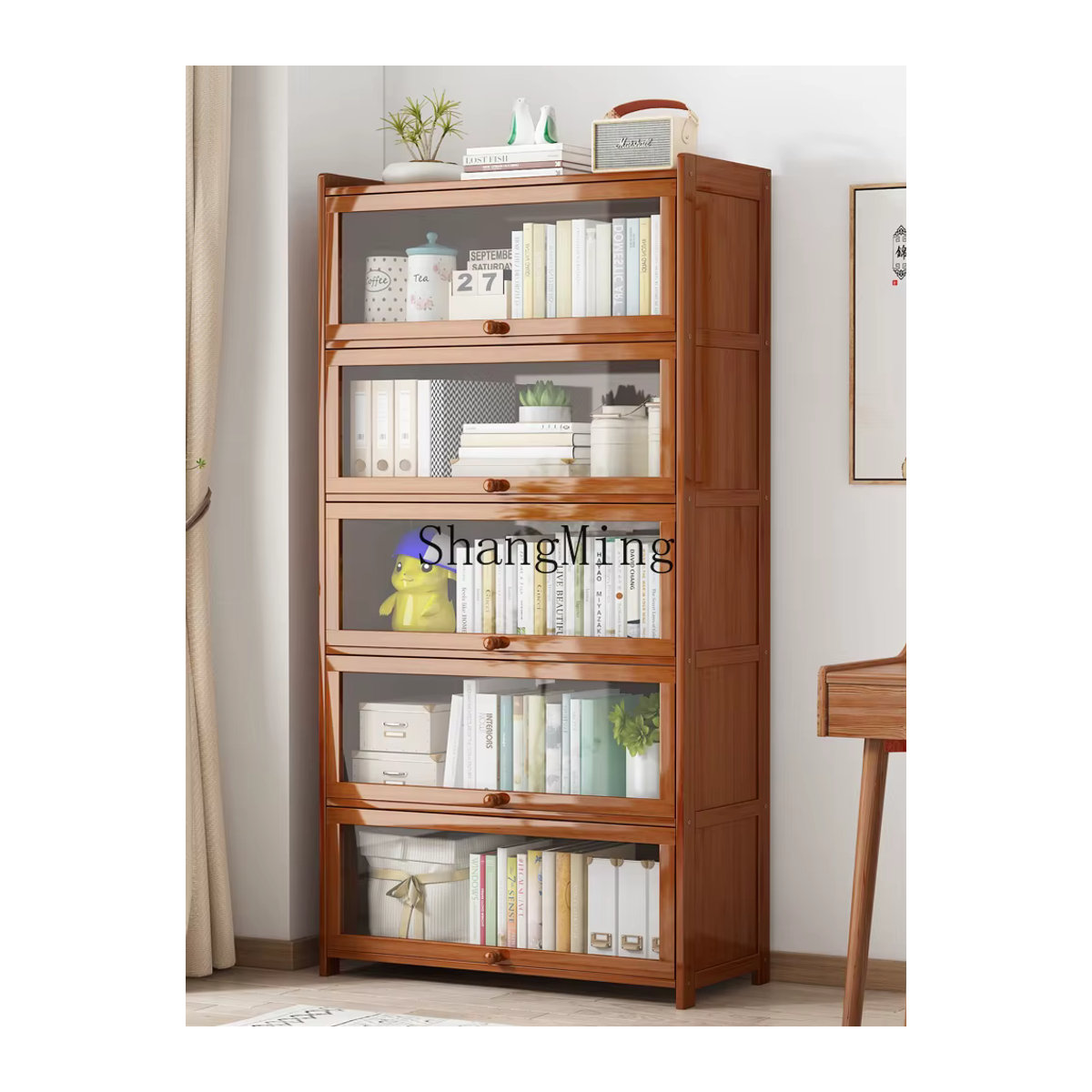 HJ modernes raumhohes Bücherregal aus Bambus in Braun mit Türen zur Wandmontage - Bild 2