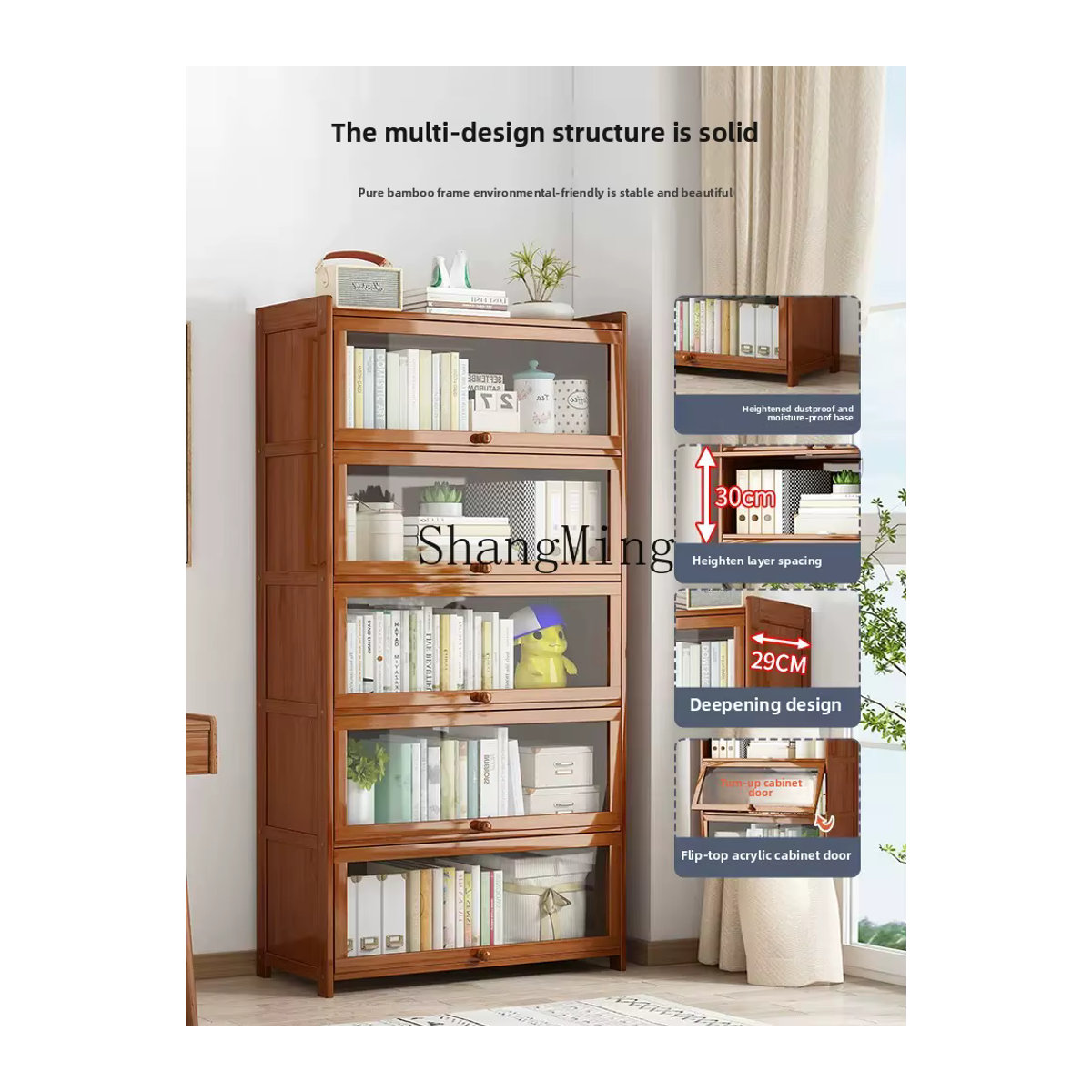 HJ modernes raumhohes Bücherregal aus Bambus in Braun mit Türen zur Wandmontage - Bild 3