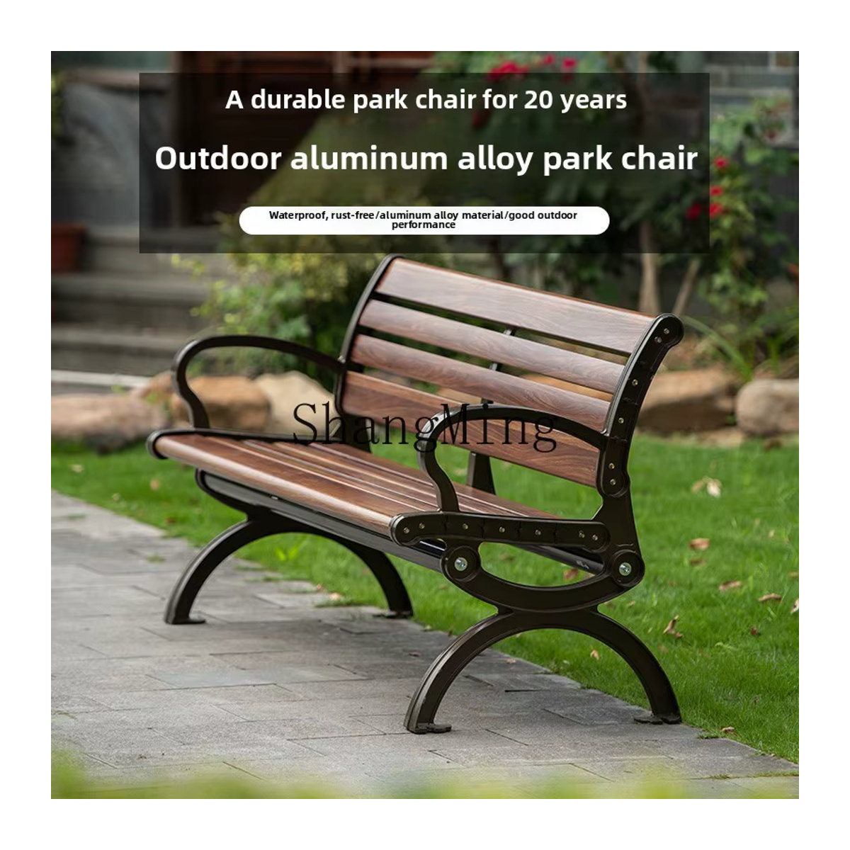 HJ Park Outdoor-Bank aus Aluminiumguss in Braun mit Rückenlehne und Streifenmuster für deinen Garten - Bild 4