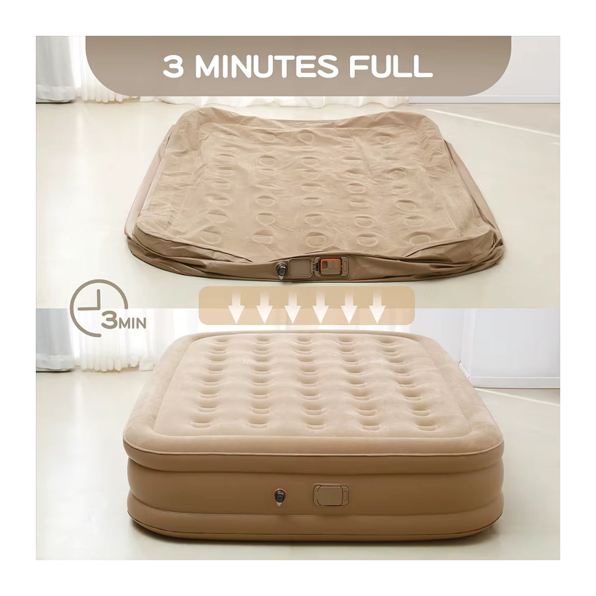 Hlamder Queen-Luftmatratze mit integrierter Pumpe und beflockter Oberseite in Beige - Bild 3