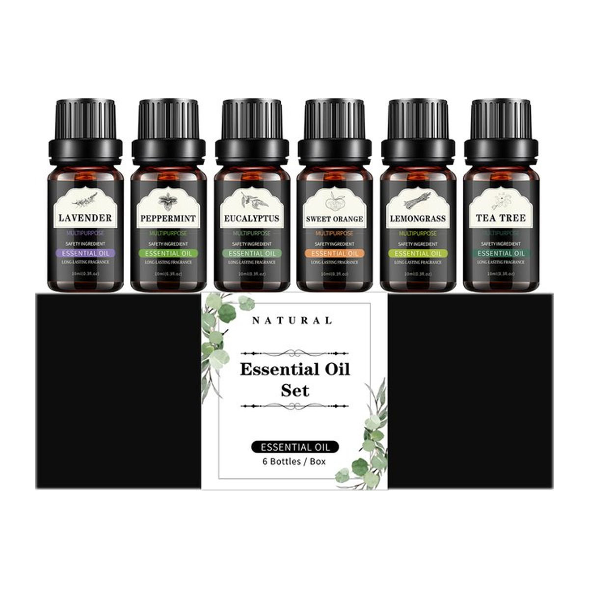 Hllozzi 6-teiliges Set ätherische Öle mit 10 ml Glasflaschen in Braun: Lavendel, Pfefferminze, Eukalyptus, süße Orange, Zitrone und Teebaum - Bild 1
