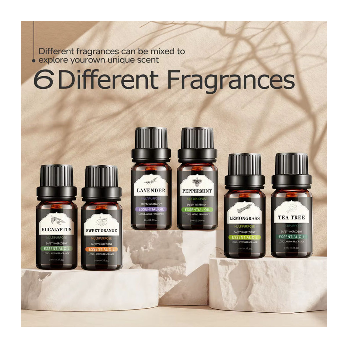 Hllozzi 6-teiliges Set ätherische Öle mit 10 ml Glasflaschen in Braun: Lavendel, Pfefferminze, Eukalyptus, süße Orange, Zitrone und Teebaum - Bild 2