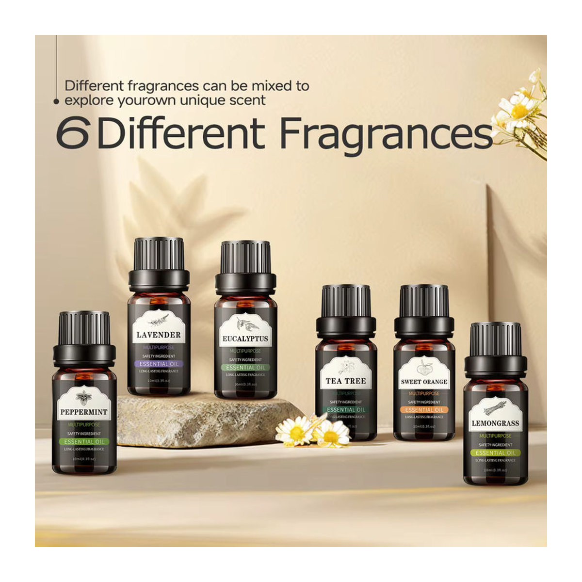 Hllozzi 6-teiliges Set ätherische Öle mit 10 ml Glasflaschen in Braun: Lavendel, Pfefferminze, Eukalyptus, süße Orange, Zitrone und Teebaum - Bild 3