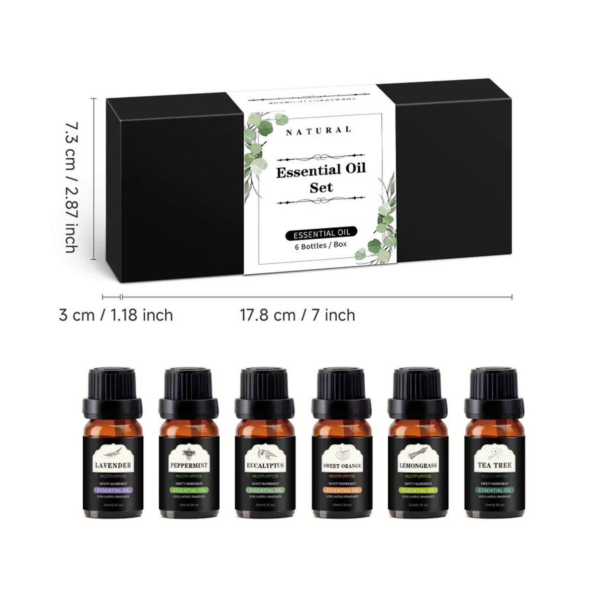 Hllozzi 6-teiliges Set ätherische Öle mit 10 ml Glasflaschen in Braun: Lavendel, Pfefferminze, Eukalyptus, süße Orange, Zitrone und Teebaum - Bild 5