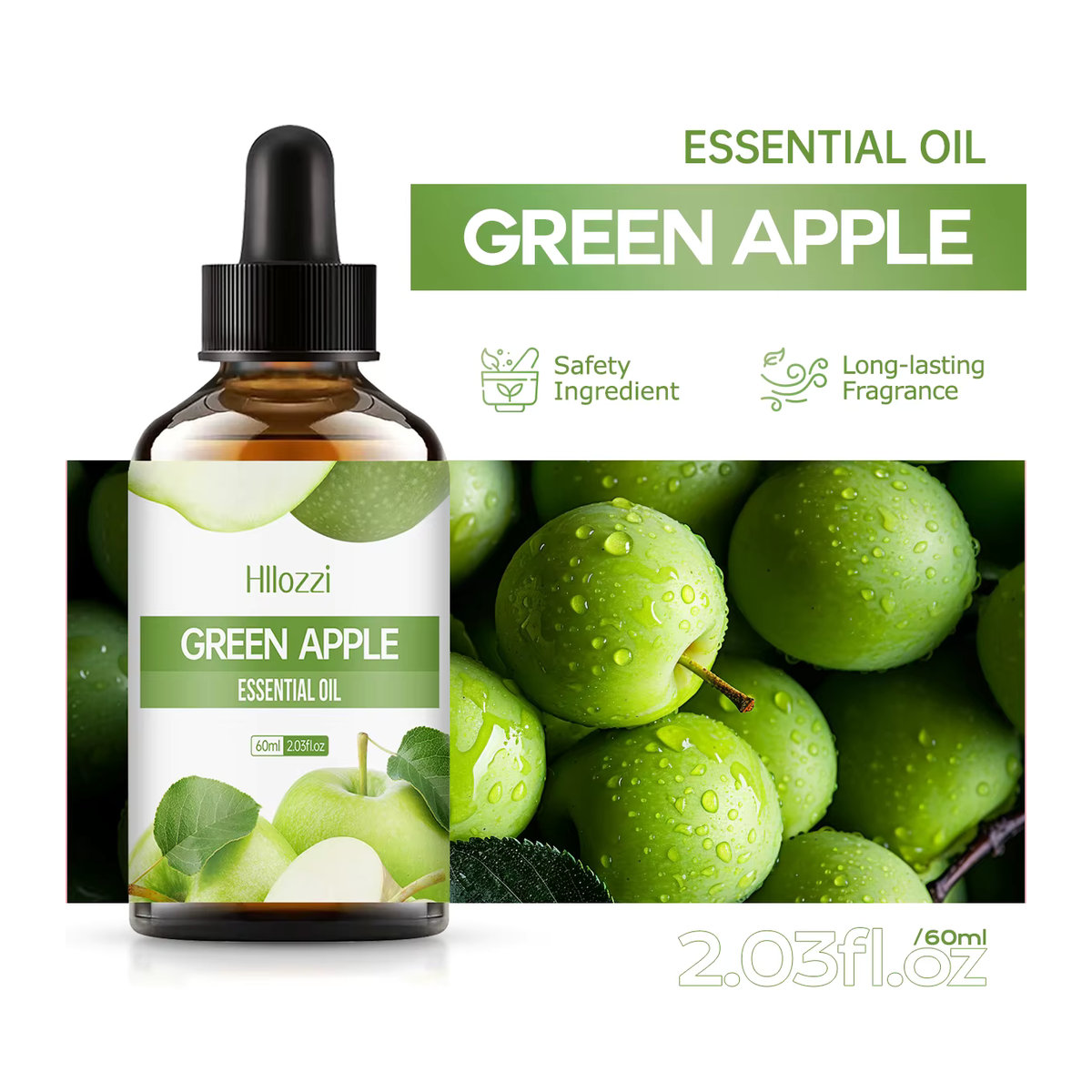 Hllozzi Ätherisches Apfelöl für Aromatherapie und Diffusoren, Grüner Apfel, 30 ml Glasflasche, Grün und Braun - Bild 3