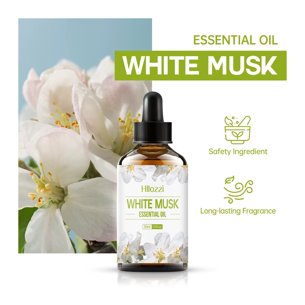 Hllozzi Ätherisches Öl mit weißem Moschus und weißer Vanille in brauner Glasflasche für Aromatherapie, Hautpflege und Haarpflege - Bild 2