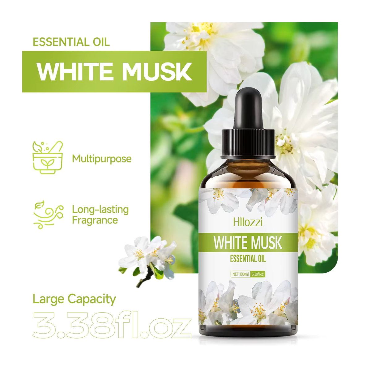 Hllozzi White Musk Ätherisches Öl in brauner Glasflasche für Hautpflege und Diffusor - Bild 2