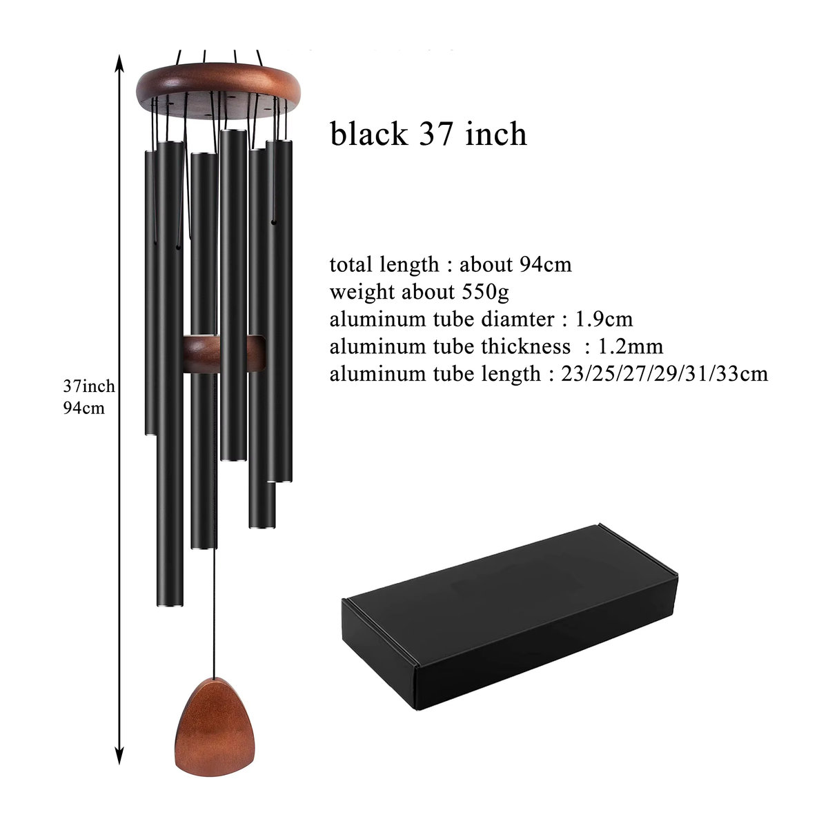 hluru Windspiel aus Aluminium in Schwarz mit 6 Röhren, 37 Zoll Windglocke für Garten und Terrasse - Bild 3