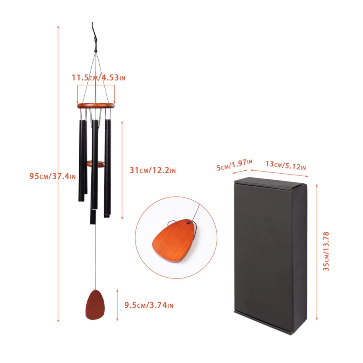hluru Windspiel aus Aluminium in Schwarz mit 6 Röhren, 37 Zoll Windglocke für Garten und Terrasse - Bild 5