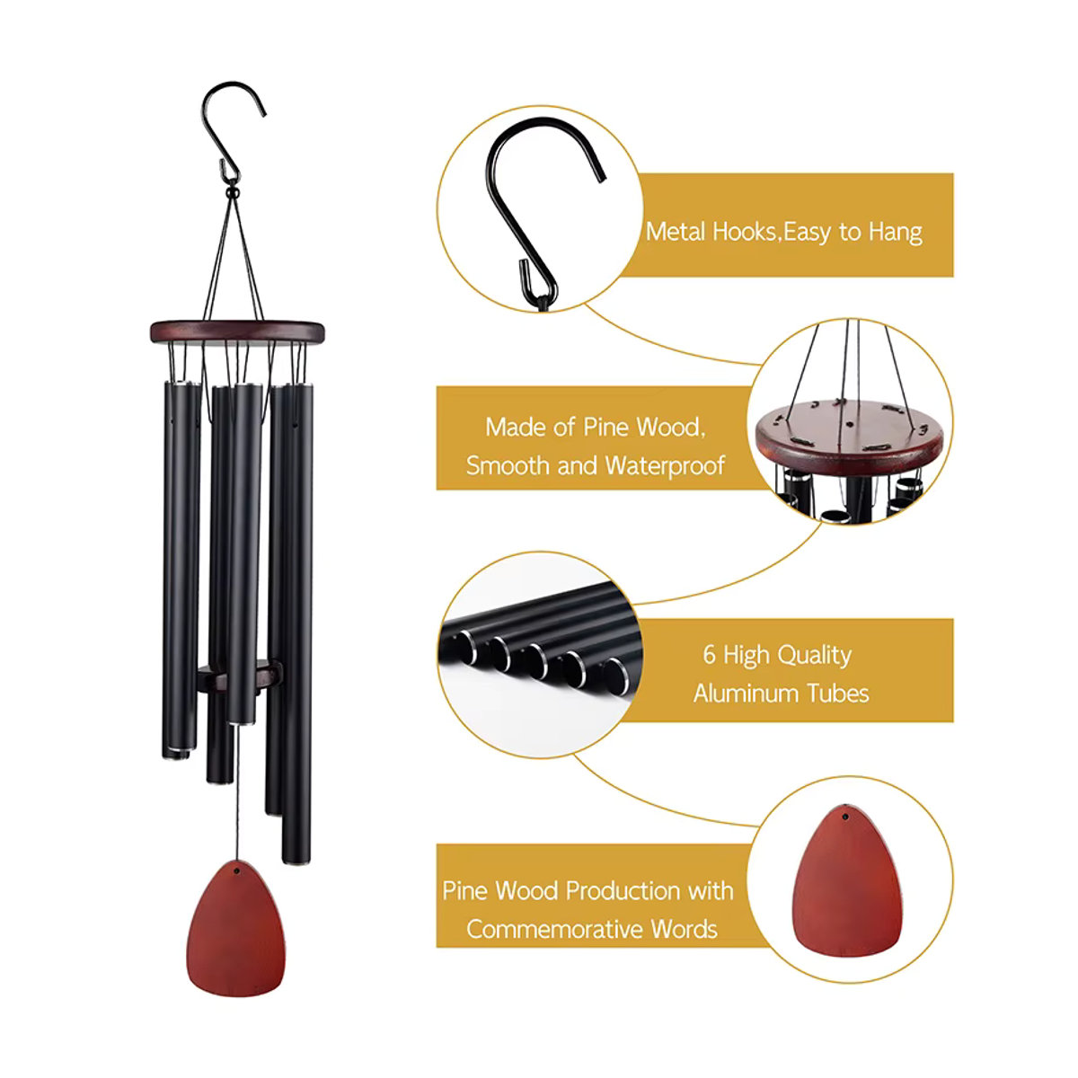 hluru Windspiel aus Aluminium in Schwarz mit 6 Röhren, 37 Zoll Windglocke für Garten und Terrasse - Bild 6