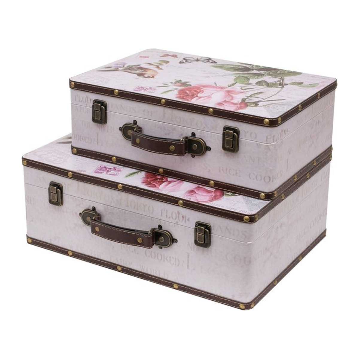 HMF VKO102 Vintage Koffer aus Holz im 2er Set mit floralem Rosen-Design in Weiß - Bild 1