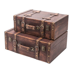 HMF VKO103 Vintage Koffer aus Holz und Leder, 2er Set, Braun, Deko Klassik