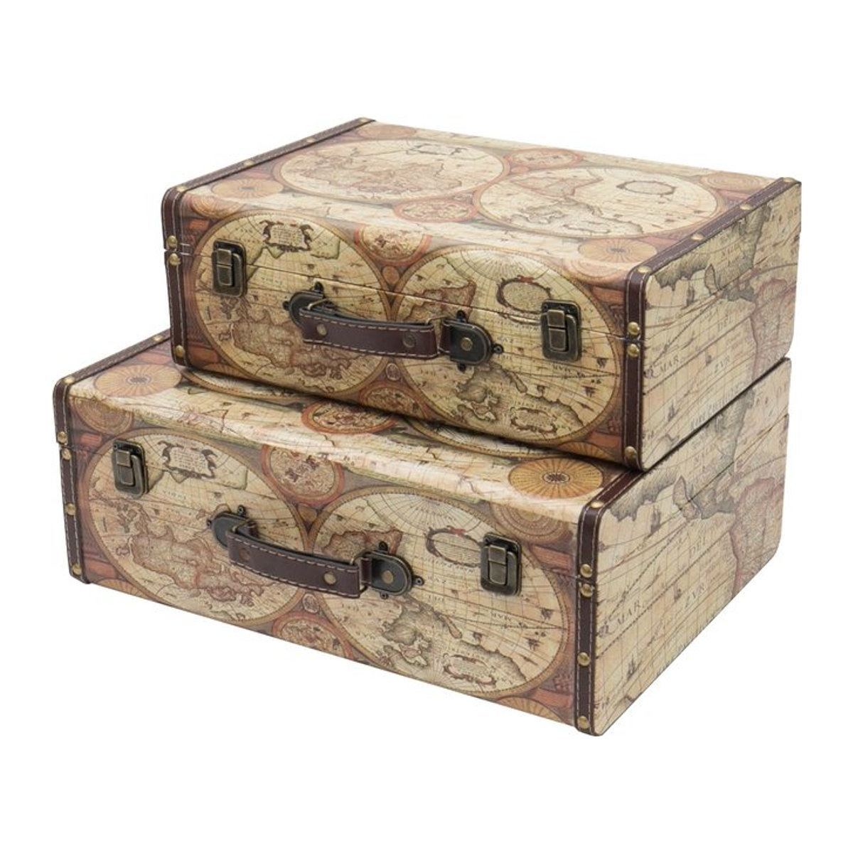 HMF VKO104 Vintage Koffer aus Holz im 2er Set mit Weltkarten-Design in Beige und Mehrfarbig - Bild 1