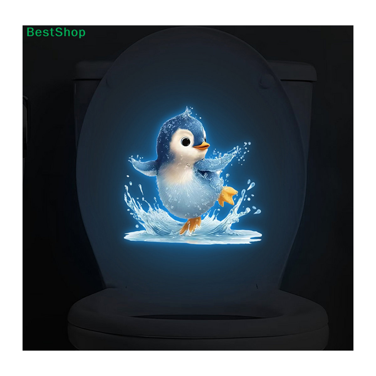 HNKMP Leuchtender Toilettenaufkleber mit niedlichem Pinguin und Wasserspritzer-Design, wasserdichte Badezimmerdekoration für Kinder, mehrfarbig - Bild 1
