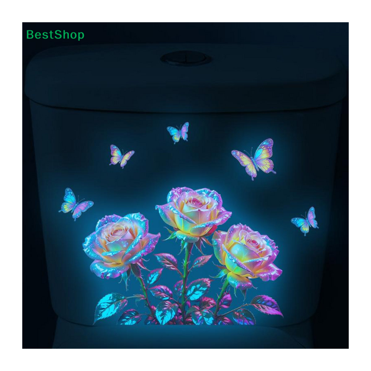 HNKMP Leuchtender Wandaufkleber mit Rosen und Schmetterlingen für das Badezimmer, Mehrfarbiger Floral-Wandsticker im Dunkeln leuchtend - Bild 1