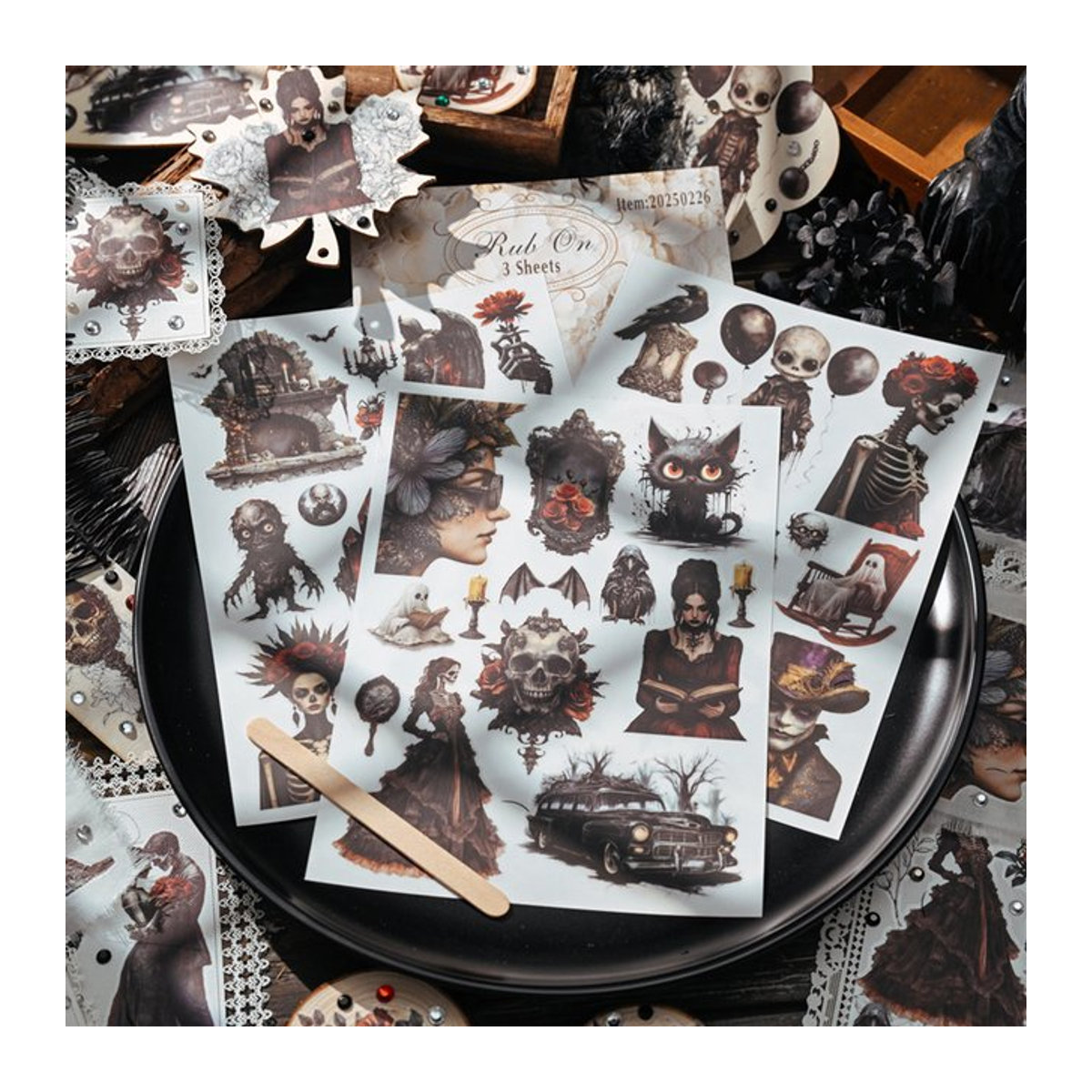 Hobbisland Gothic Dark Style Rub-On Aufkleber für Halloween mit Elf, Hexe und Skelett Motiven in Mehrfarbig für Journaling und Scrapbooking - Bild 1