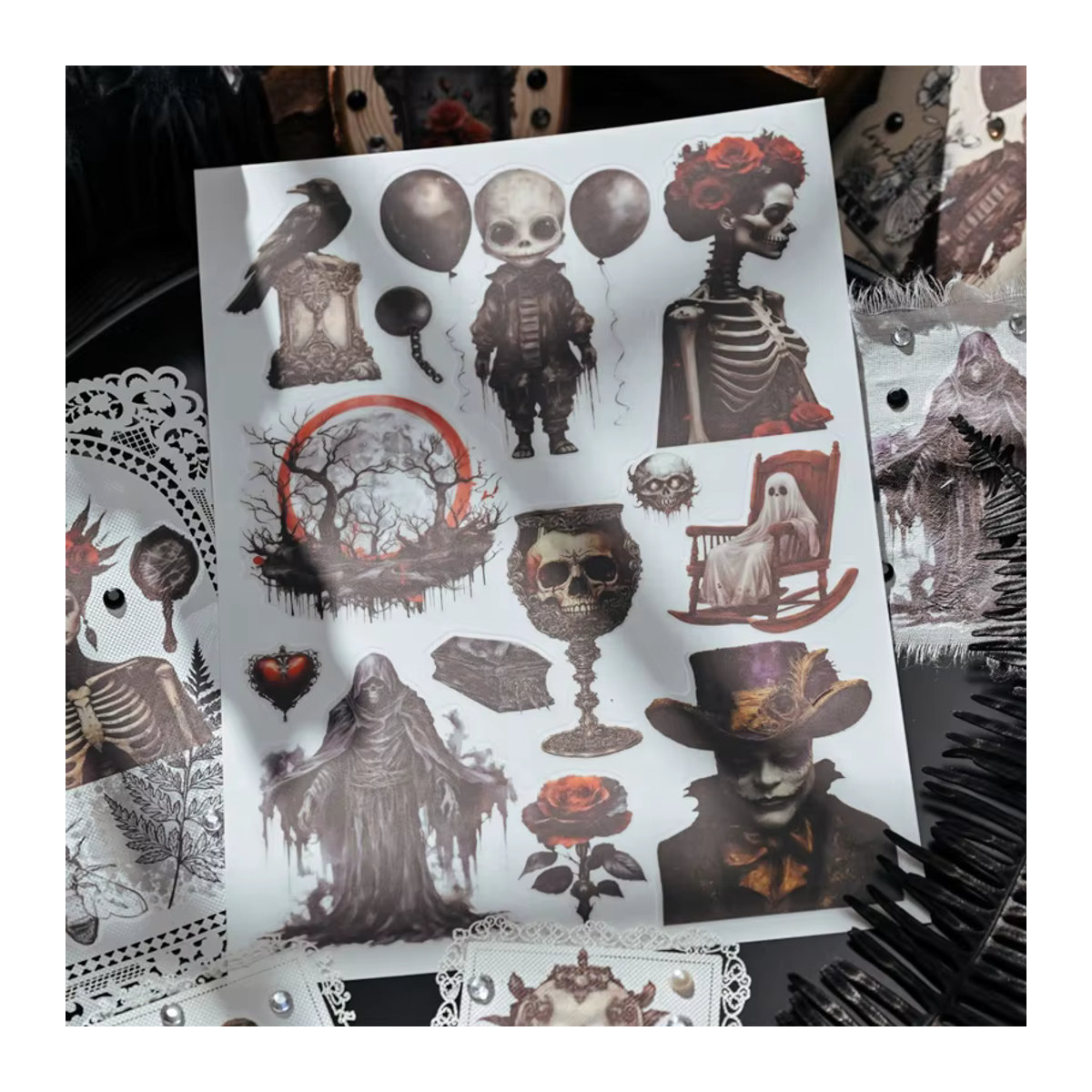 Hobbisland Gothic Dark Style Rub-On Aufkleber für Halloween mit Elf, Hexe und Skelett Motiven in Mehrfarbig für Journaling und Scrapbooking - Bild 3