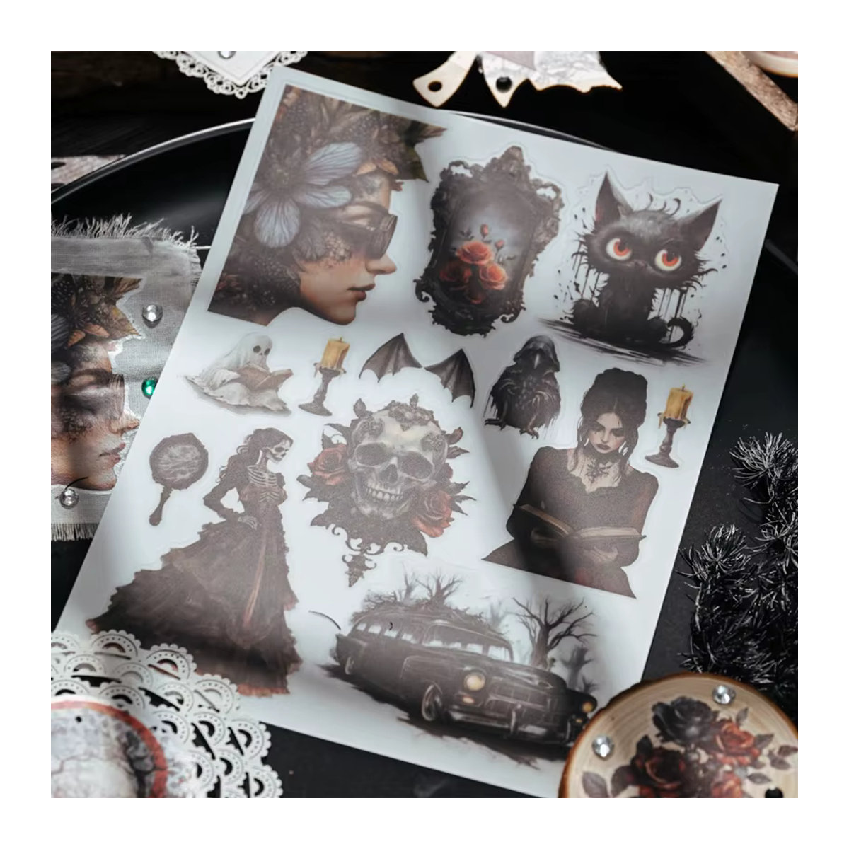Hobbisland Gothic Dark Style Rub-On Aufkleber für Halloween mit Elf, Hexe und Skelett Motiven in Mehrfarbig für Journaling und Scrapbooking - Bild 4