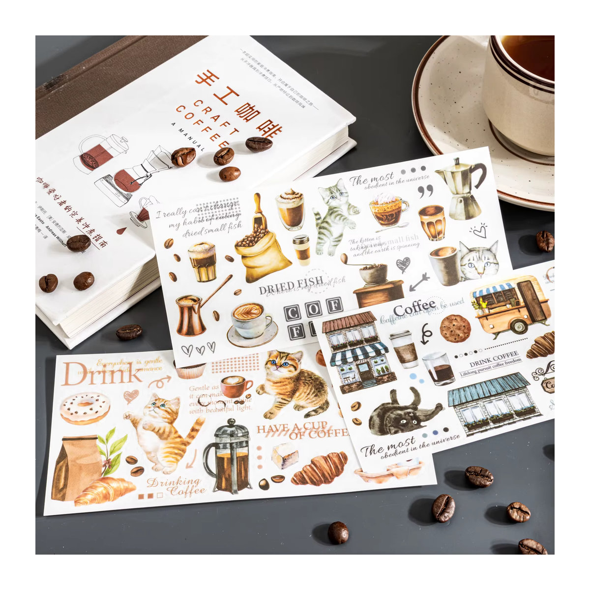 Hobbisland Kaffee-Katze Transferaufkleber für Scrapbooking und Bastelbedarf, Beige und Mehrfarbig, Vintage Design - Bild 2