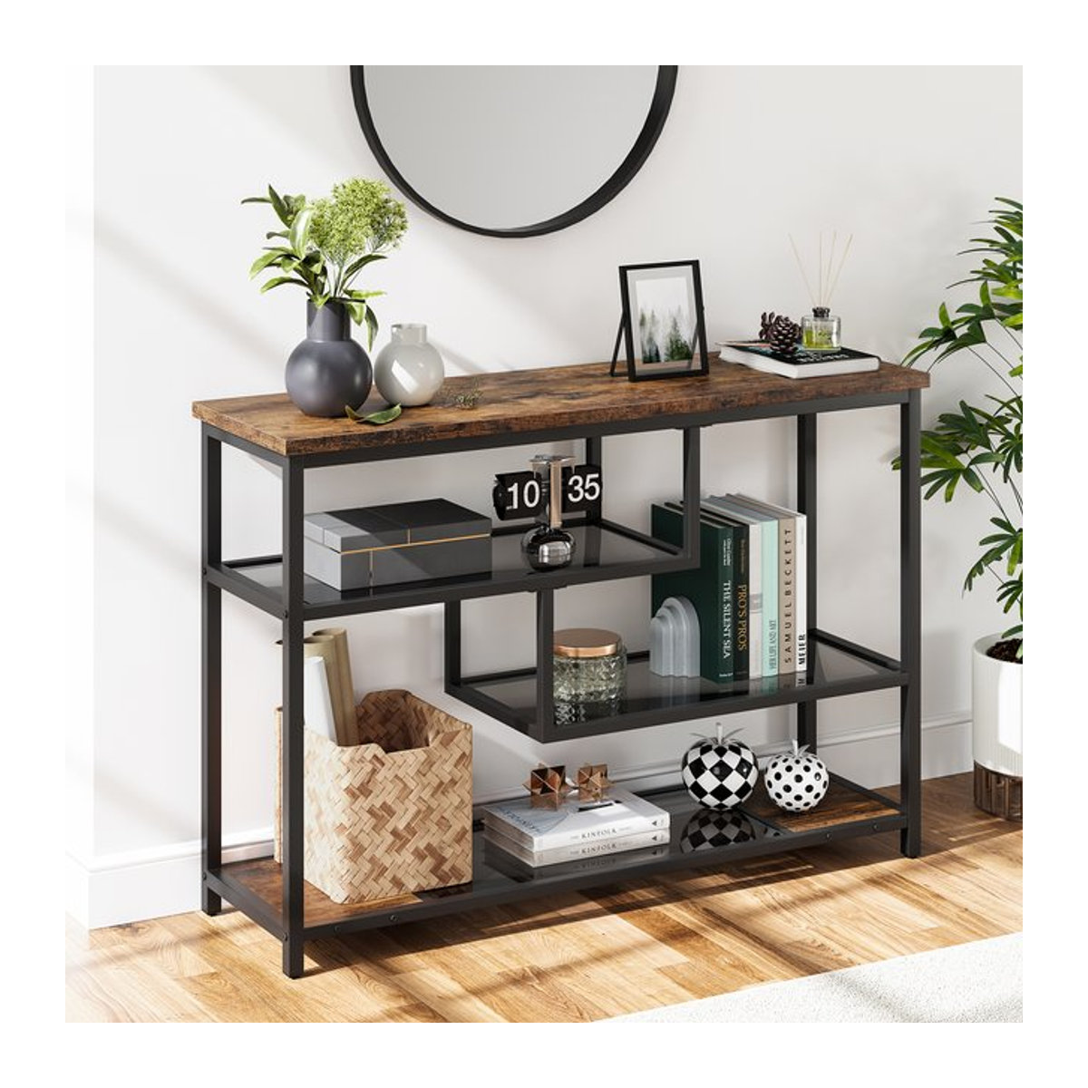 HobbyLane Konsolentisch in Vintage Brown mit Glasablage und Metallrahmen, 4-stufiger schmaler Sofatisch für den Eingangsbereich oder das Wohnzimmer - Bild 1
