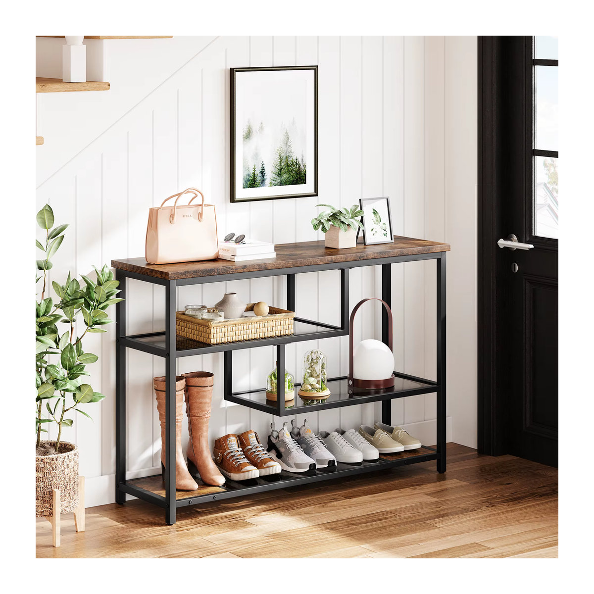 HobbyLane Konsolentisch in Vintage Brown mit Glasablage und Metallrahmen, 4-stufiger schmaler Sofatisch für den Eingangsbereich oder das Wohnzimmer - Bild 2