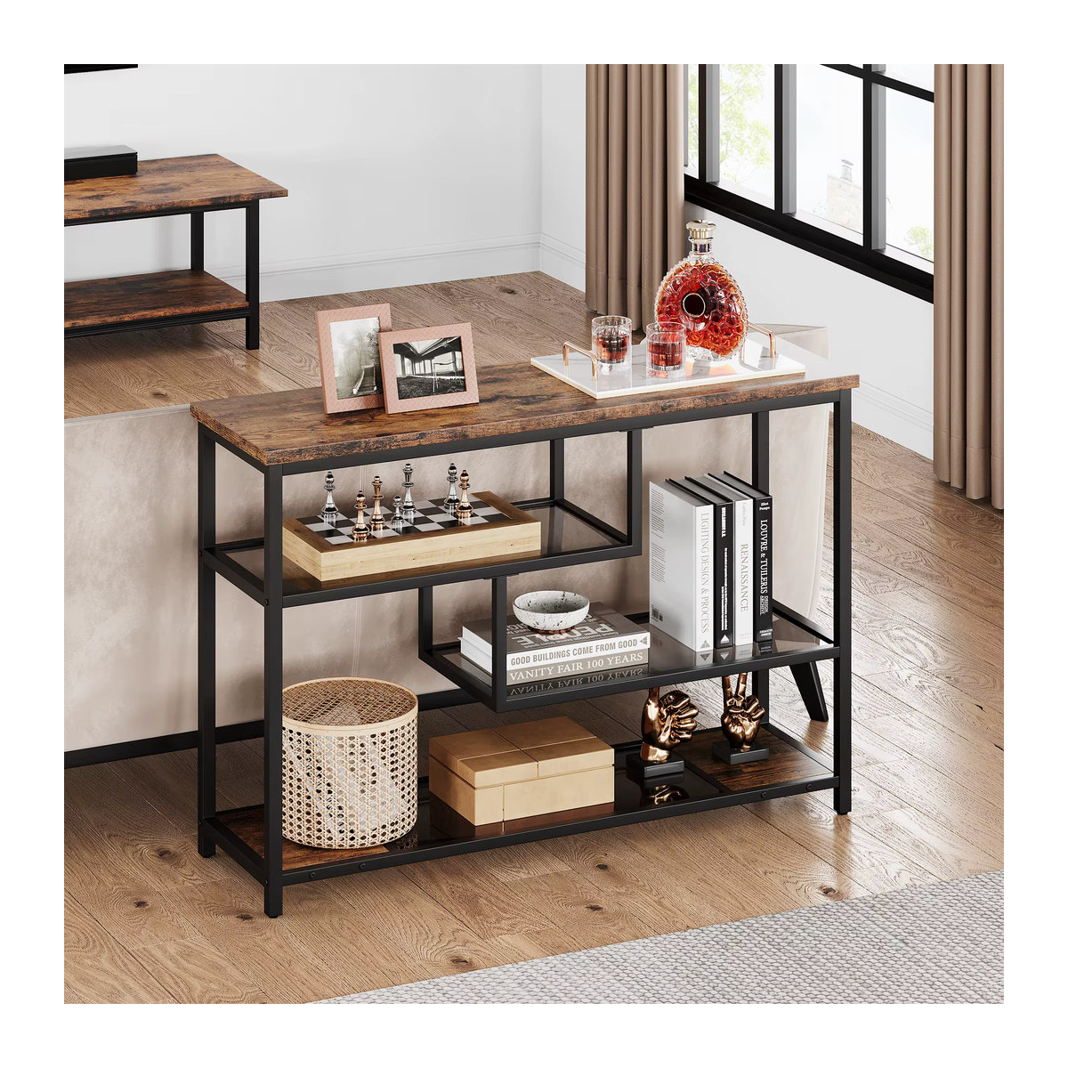 HobbyLane Konsolentisch in Vintage Brown mit Glasablage und Metallrahmen, 4-stufiger schmaler Sofatisch für den Eingangsbereich oder das Wohnzimmer - Bild 3