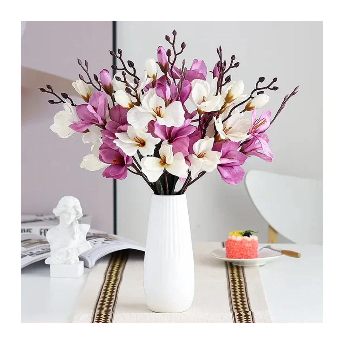 Hochwertige künstliche Magnolien-Blumen in Rot und Mehrfarbig für deine Herbst-, Weihnachts- und Hochzeitsdekoration mit 5 Stielen und 20 Blütenköpfen - Bild 1