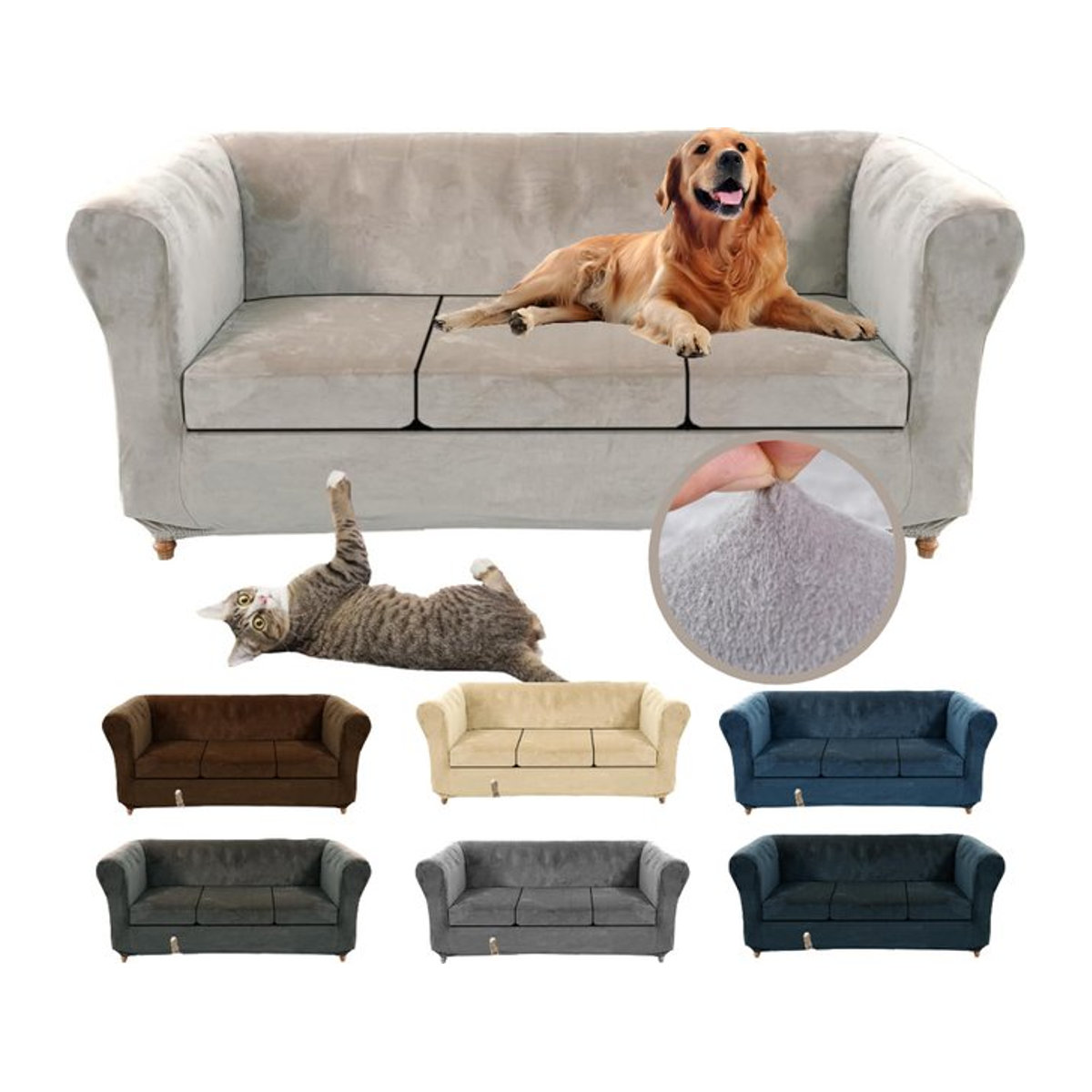 Hochwertige Samt-Sofabezüge als elastische Schonbezüge für Chesterfield-Sofas in Braun und Grau - Bild 1