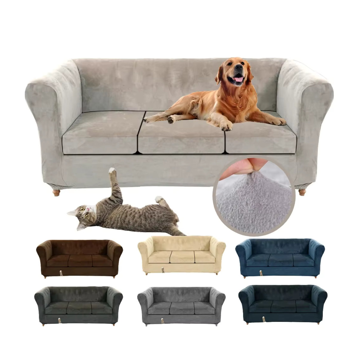 Hochwertige Samt-Sofabezüge als elastische Schonbezüge für Chesterfield-Sofas in Braun und Grau - Bild 7