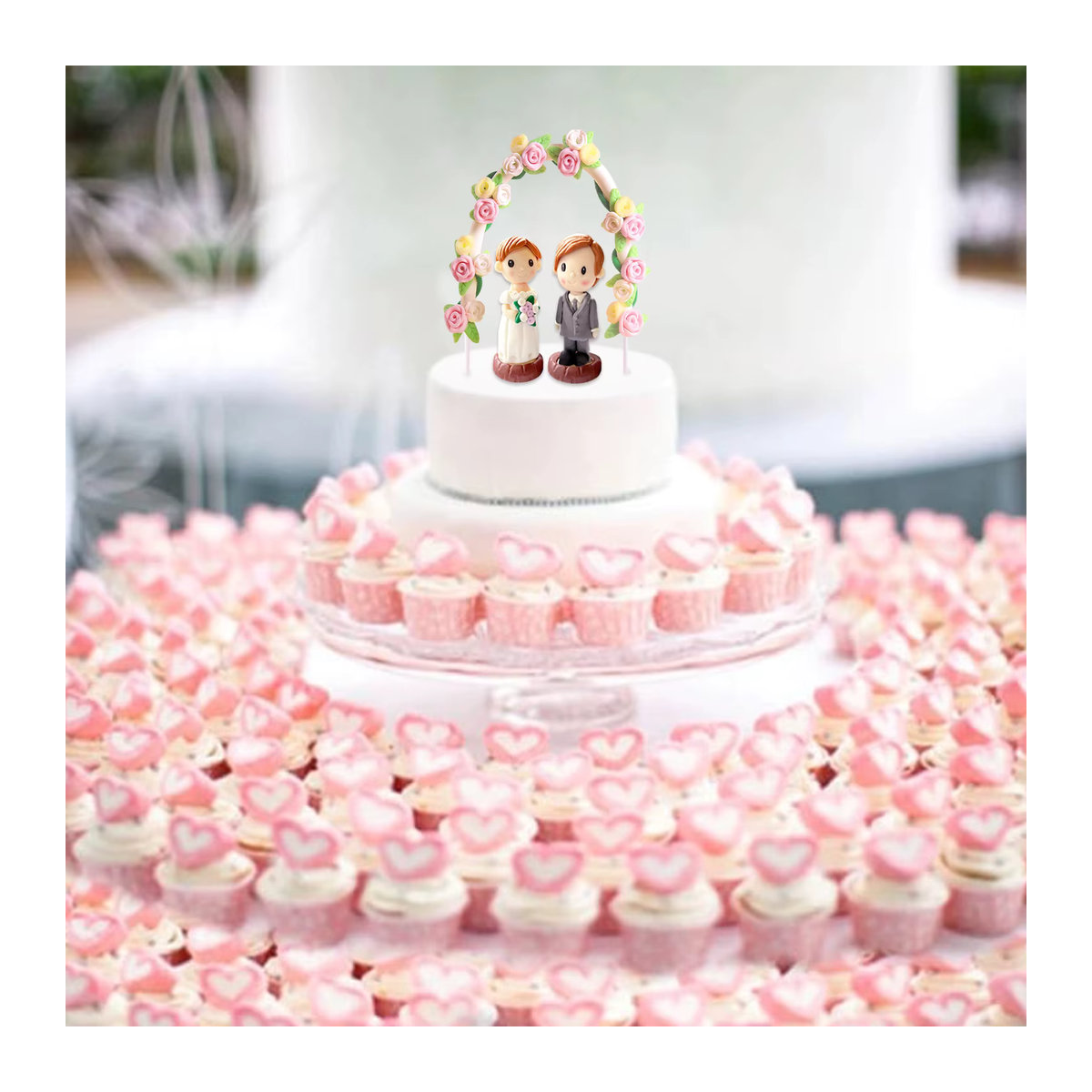 Hochzeit Dekoration Braut und Bräutigam Figuren aus Kunstharz mit Rosenbögen für Valentinstag und Kuchen als Dessert Topper in Mehrfarbig - Bild 3