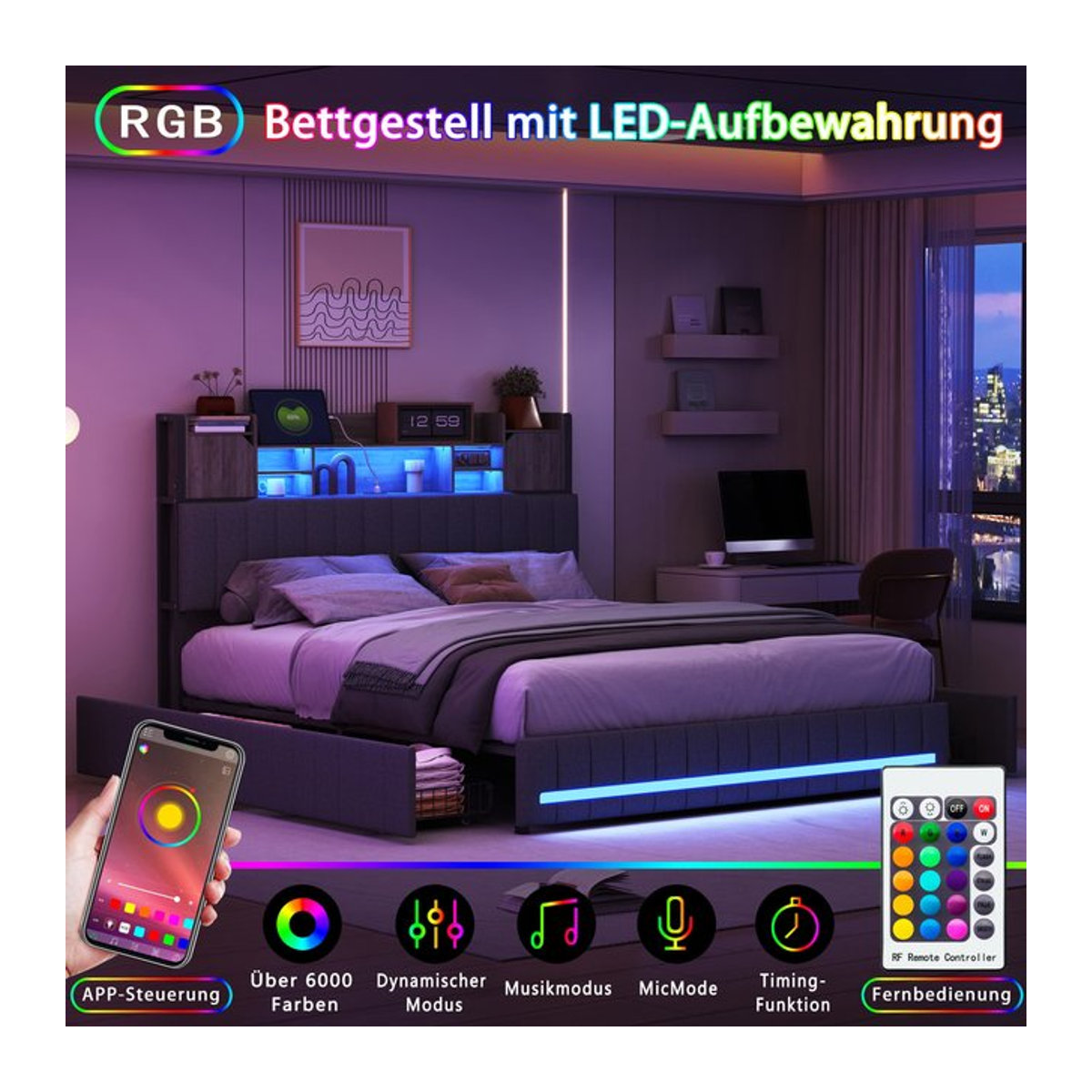 HOFURNI Funktionsbett als Stauraumbett mit LED-Kopfteil und RGB-Beleuchtung, graues Leinen, B/T: 140 x 200 cm - Bild 1